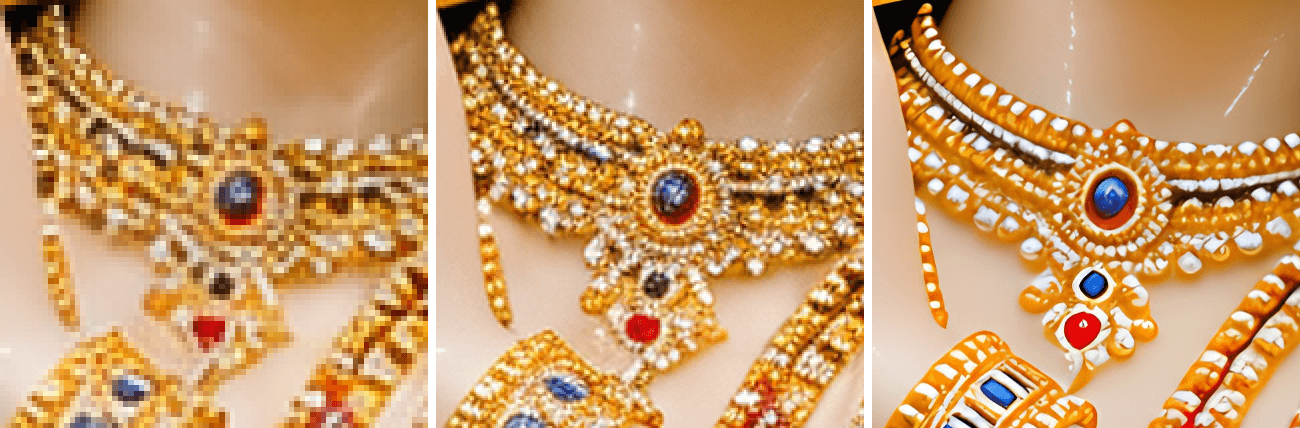 Jewelry comparison: original on the left, V1 result in the middle, V2 result on the right